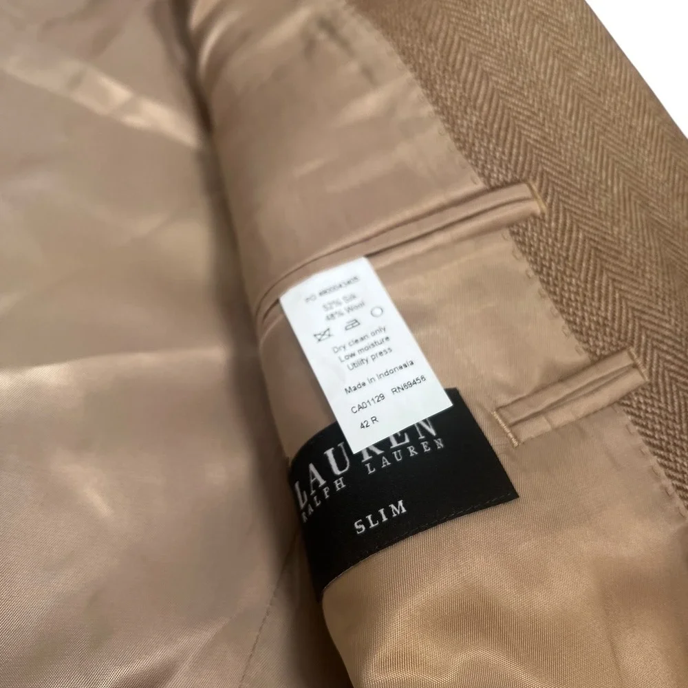 Lauren Ralph Lauren Blazer Men 42R Brown Herringbone Silk Wool Slim Blazer